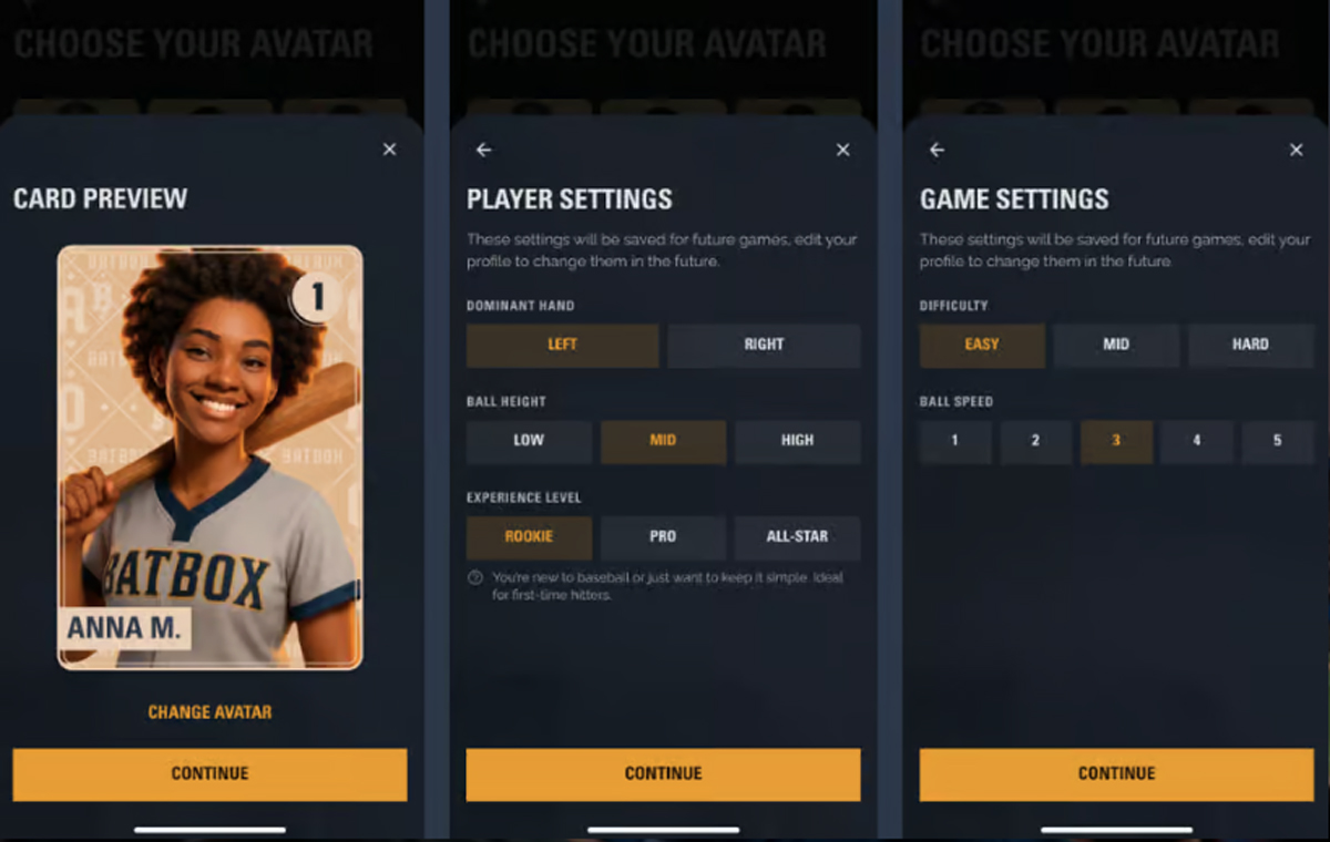 Batbox player profile and customization settings for a personalized baseball simulator experience